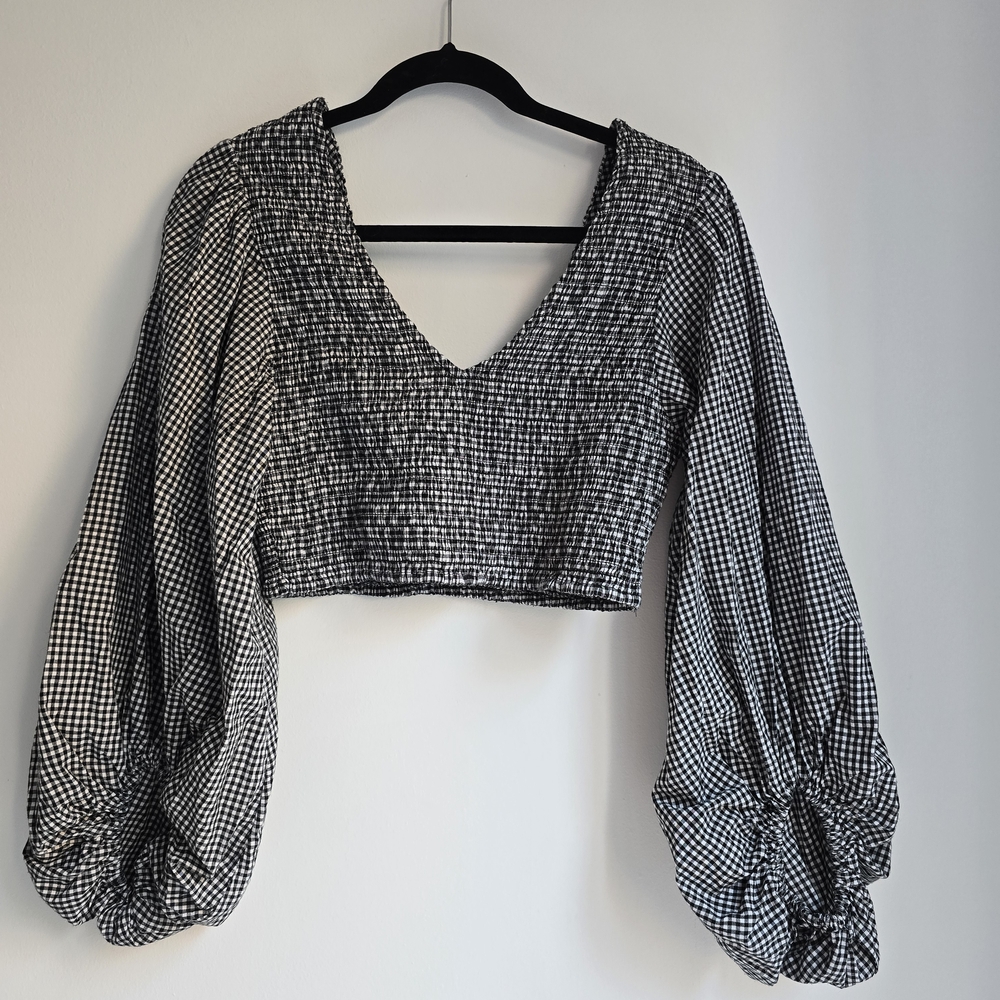 Black and White Gingham Women's Crop Top With Bishop Sleeves